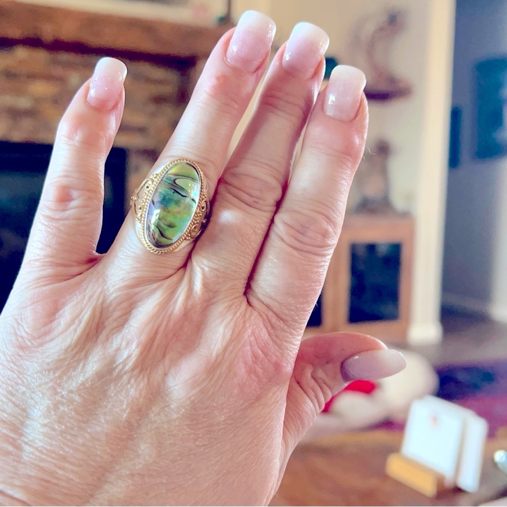 Custom Made Abalone In Rock Crystal Solid Sterling Gemstone Ring